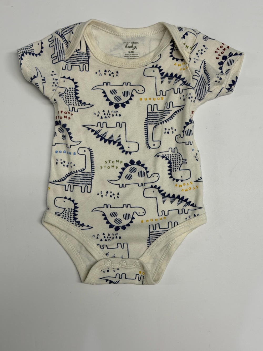 Mon Cheri Baby Cream Bodysuit with Navy Dino Print